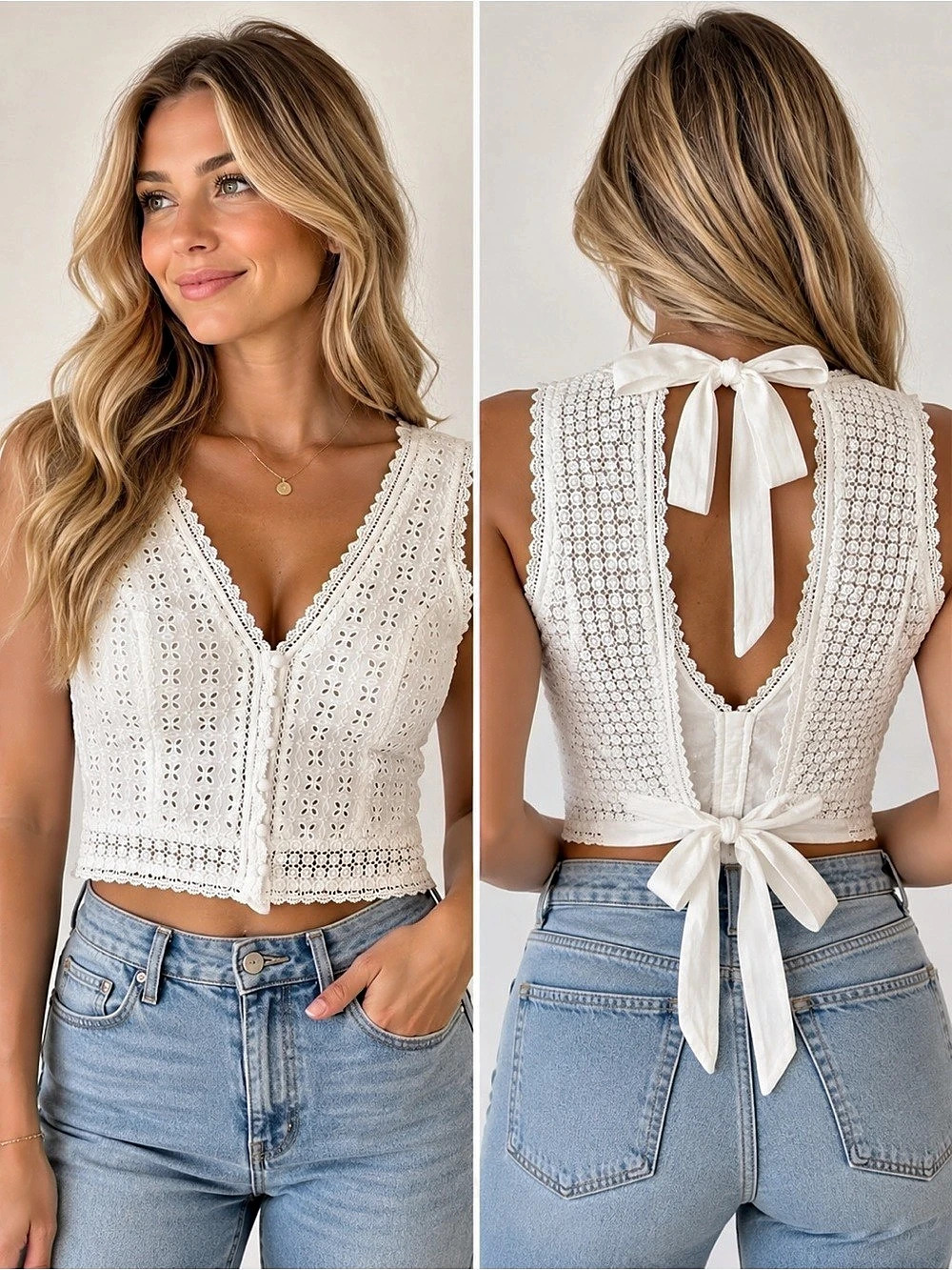 🤍 Abercrombie & Fitch White Eyelet Lace Tie-Back Top — Size M